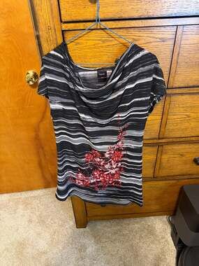 Rafaella Womens Cowl Neck Short Sleeve Striped Floral Knit Top Size L